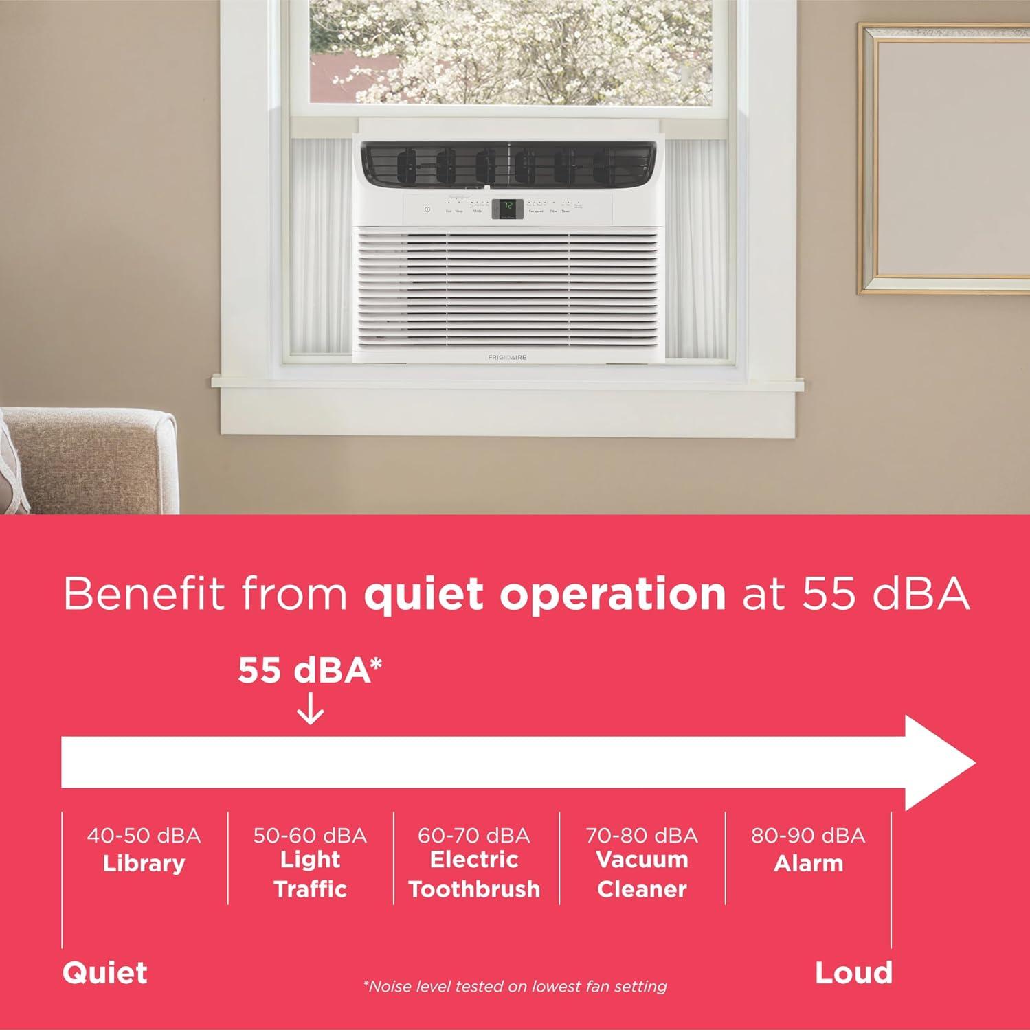 imageFrigidaire 5000 BTU WindowMounted Air Conditioner Cools Up to 150 Sq Ft Quiet Operation Effortless Temperature Control 2 Fan Speeds Auto Restart White12 000 BTU Electronic Controls