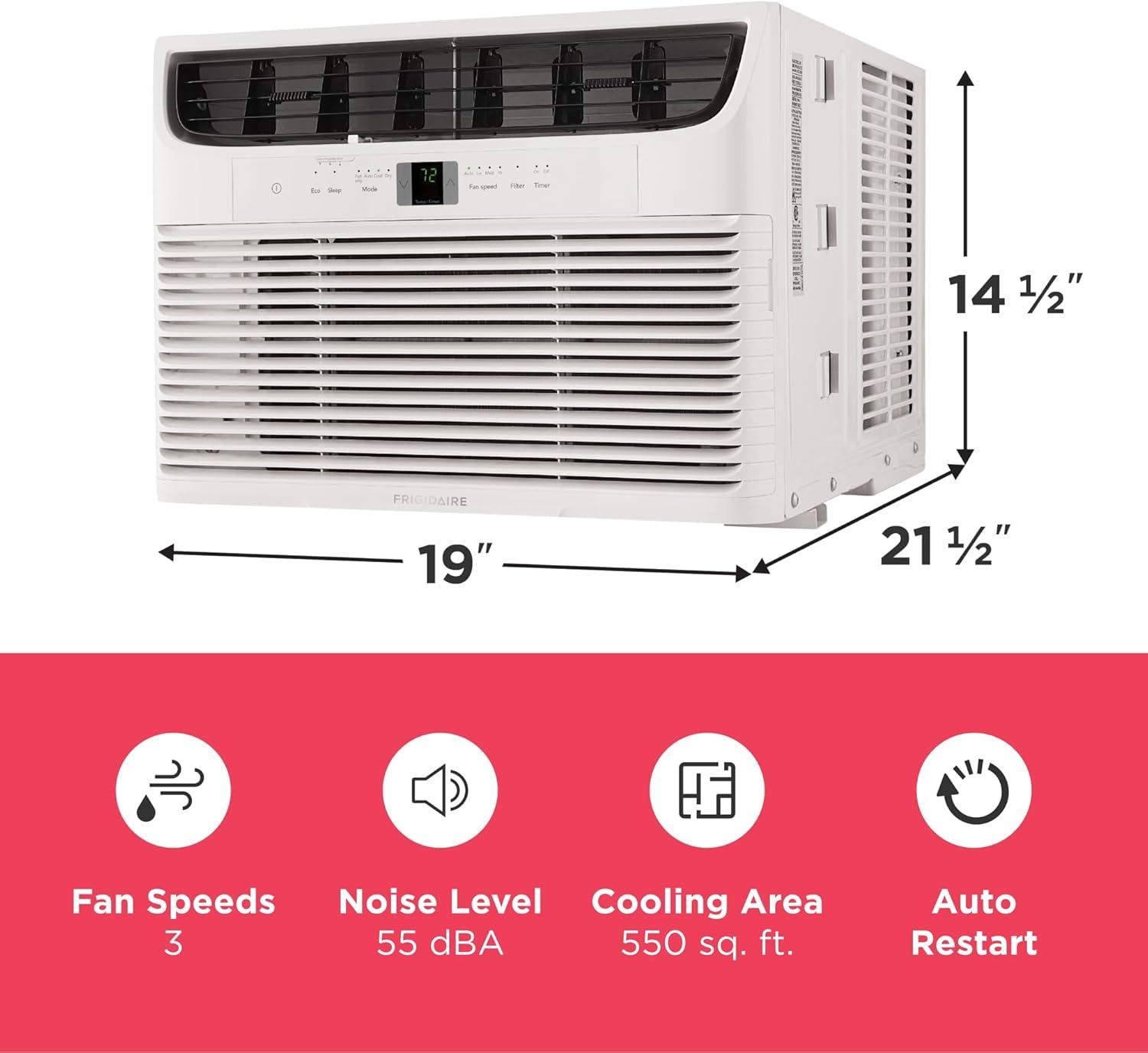 imageFrigidaire 5000 BTU WindowMounted Air Conditioner Cools Up to 150 Sq Ft Quiet Operation Effortless Temperature Control 2 Fan Speeds Auto Restart White12 000 BTU Electronic Controls