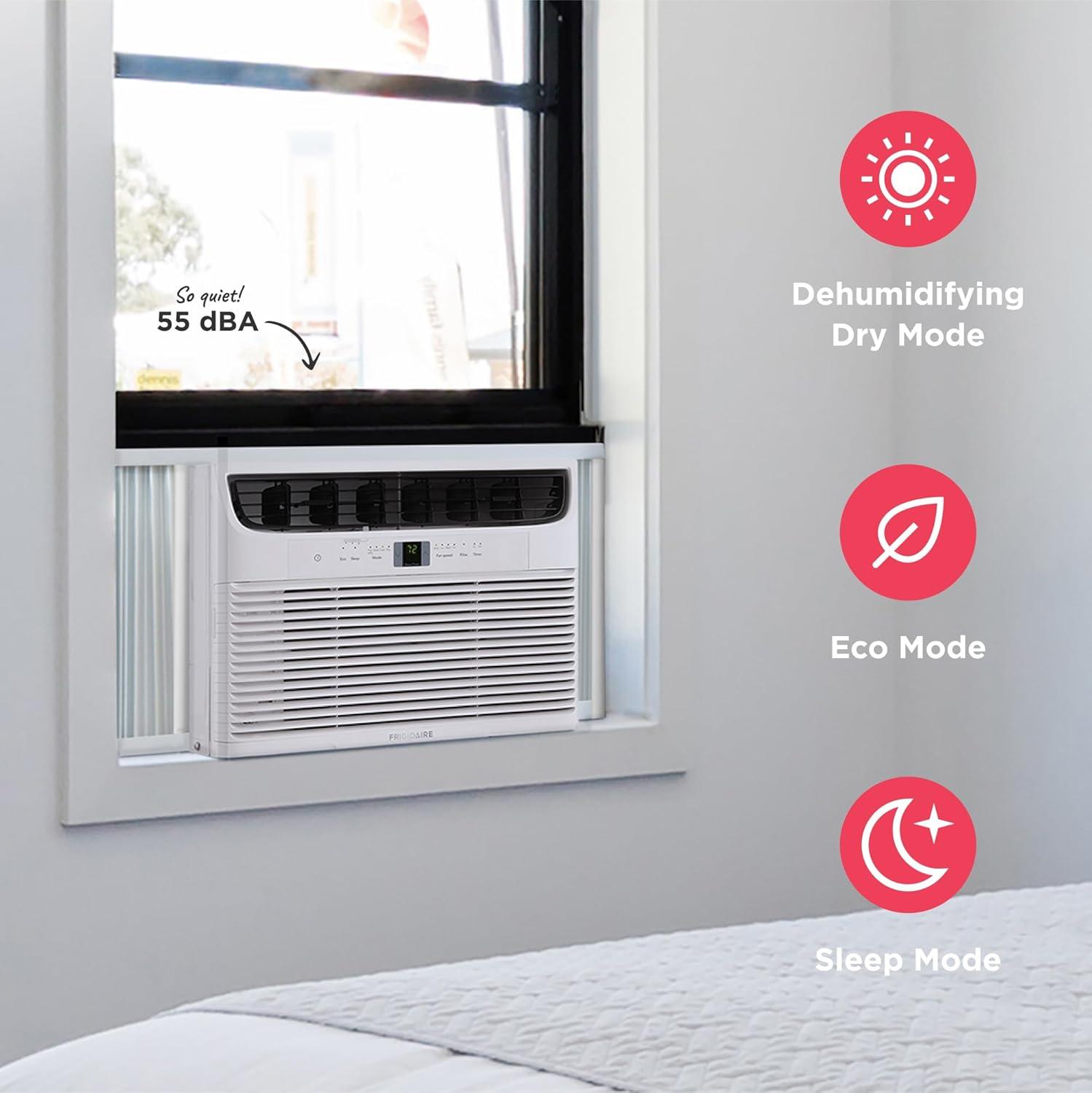imageFrigidaire 5000 BTU WindowMounted Air Conditioner Cools Up to 150 Sq Ft Quiet Operation Effortless Temperature Control 2 Fan Speeds Auto Restart White12 000 BTU Electronic Controls