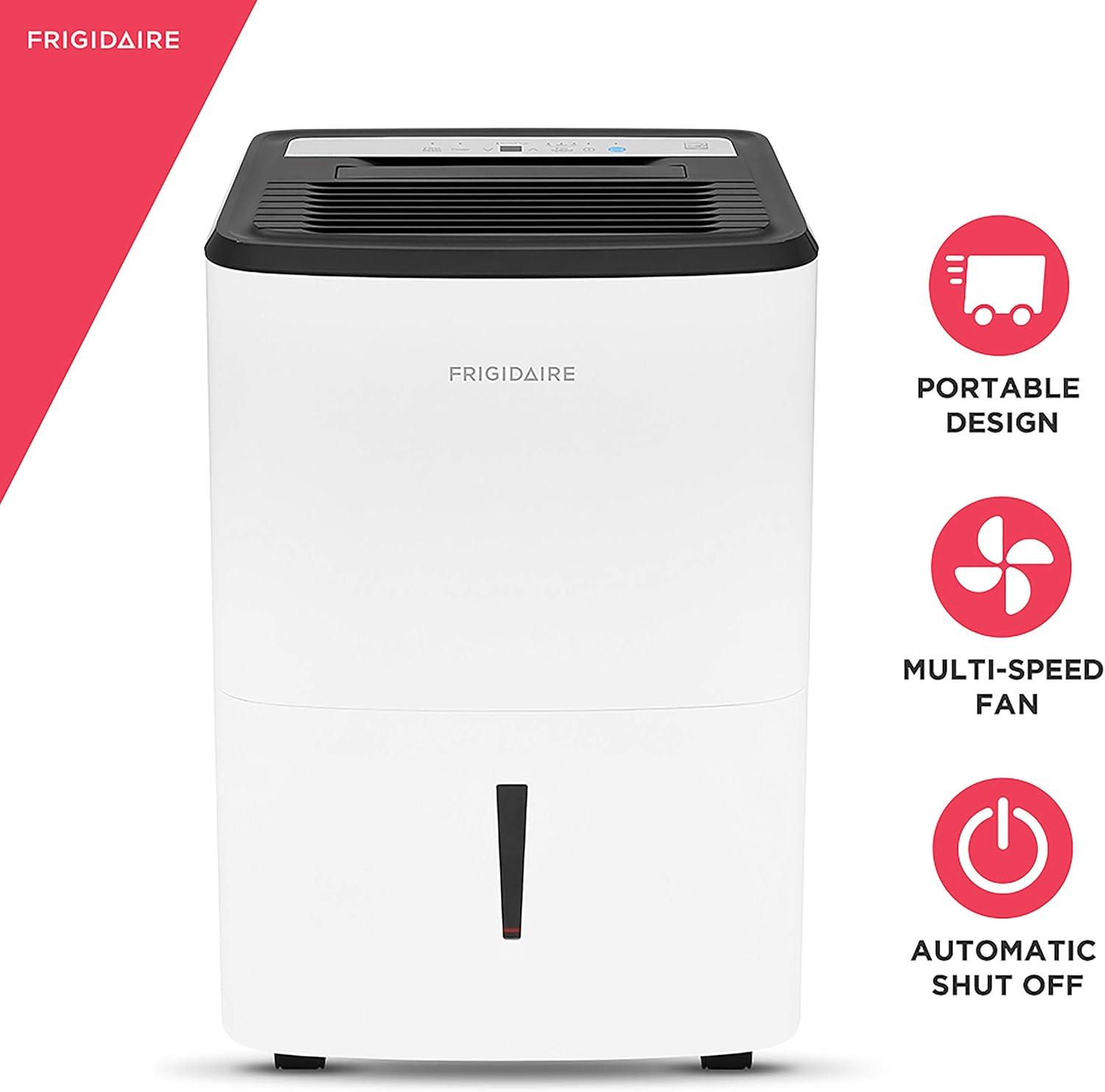 imageFrigidaire 50Pint Portable Dehumidifier for Basement Home and Attic 115V Quiet Moisture Absorber for Humidity Control with Auto ShutOff and Removable Water BucketContinuous Drain Option White50 Pints