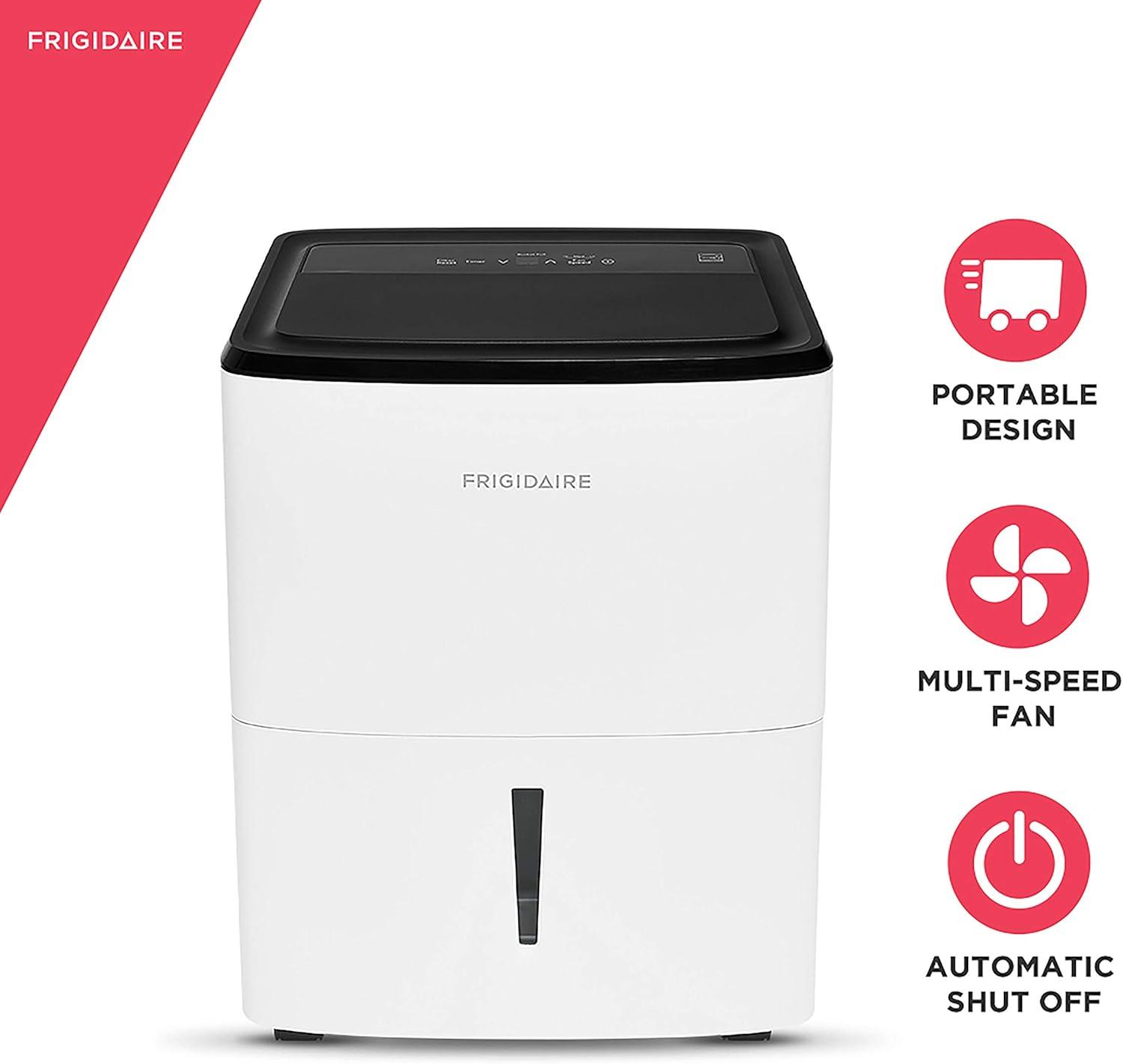 imageFrigidaire 50Pint Portable Dehumidifier for Basement Home and Attic 115V Quiet Moisture Absorber for Humidity Control with Auto ShutOff and Removable Water BucketContinuous Drain Option White35 PINT