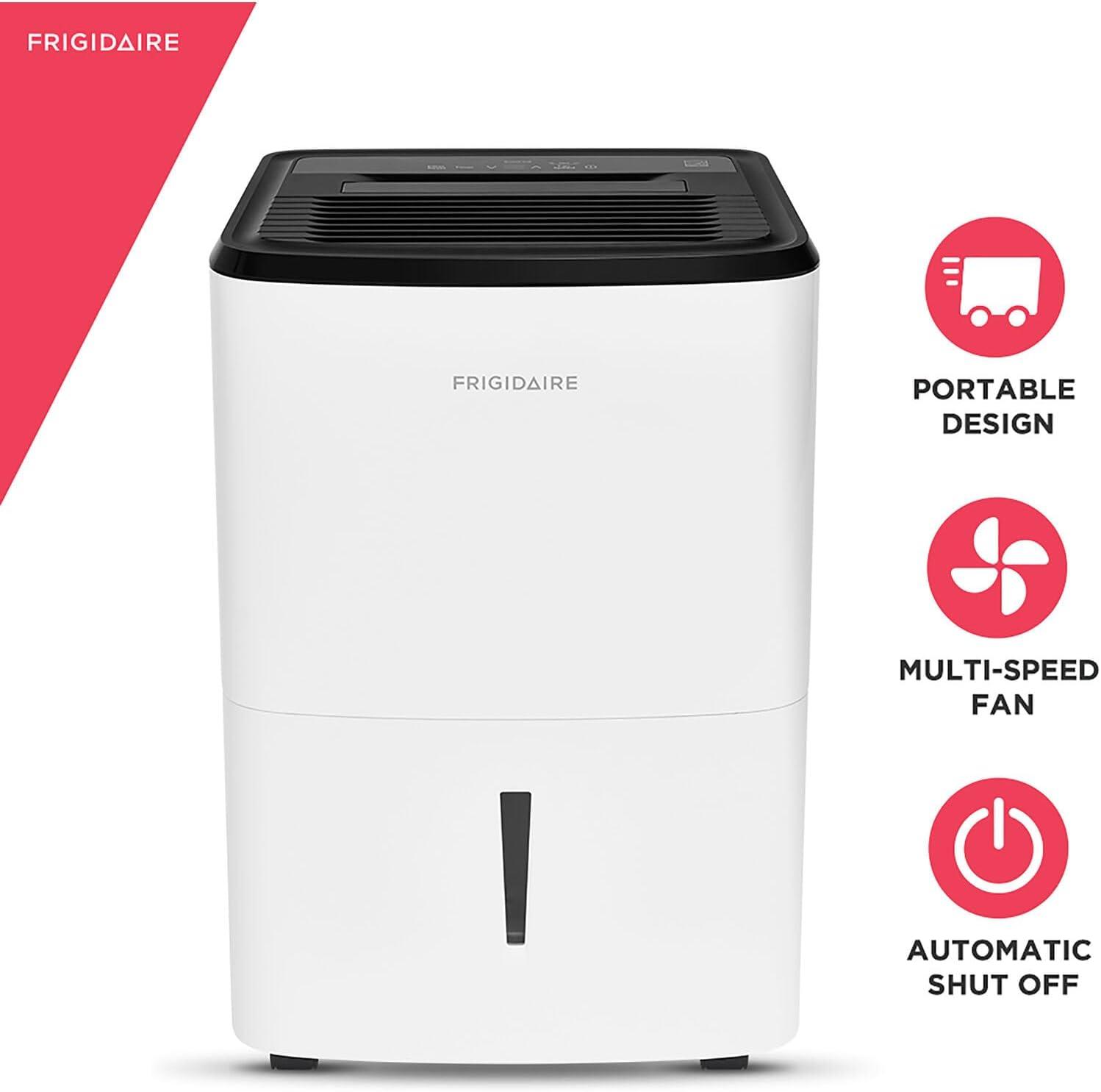 imageFrigidaire 50Pint Portable Dehumidifier for Basement Home and Attic 115V Quiet Moisture Absorber for Humidity Control with Auto ShutOff and Removable Water BucketContinuous Drain Option White50 Pints