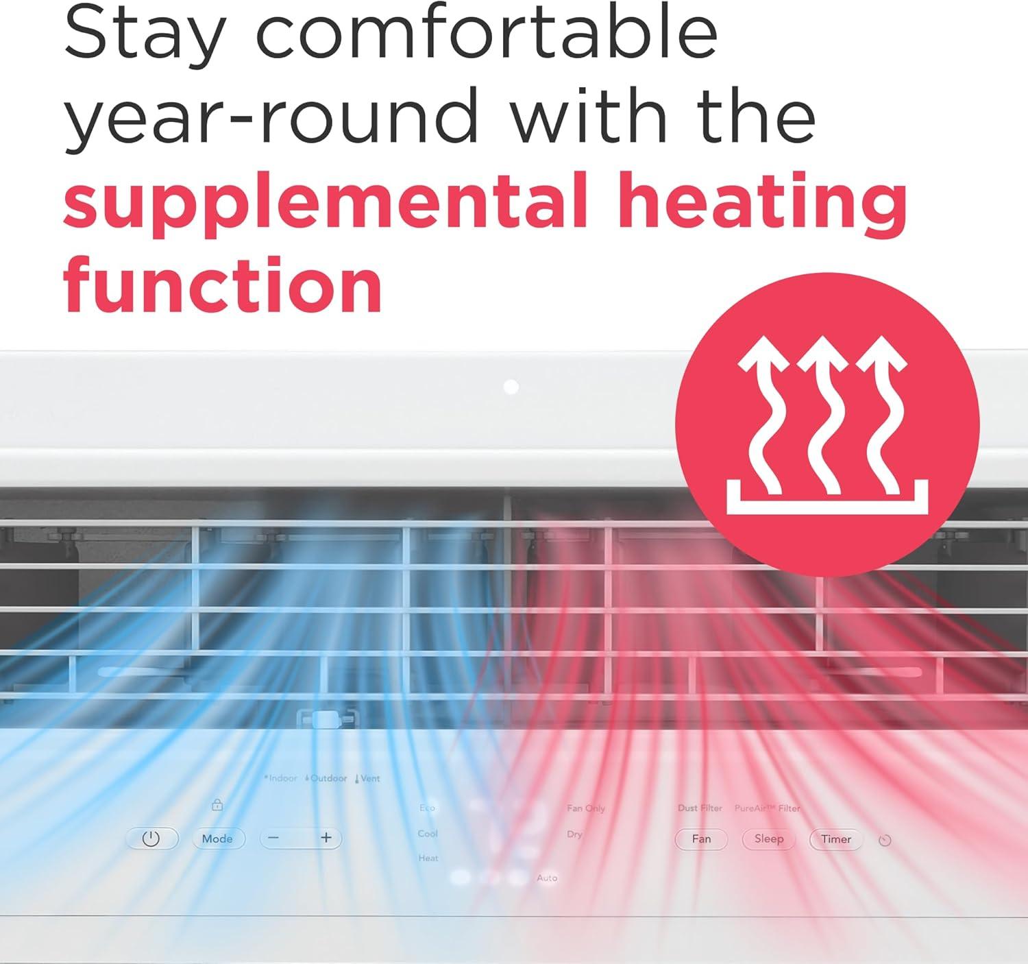 imageFrigidaire 8000 BTU Window Air Conditioner with Supplemental Heat Cools ampamp Heats Up to 350 Sq Ft Remote Control Quiet Operation Eco Mode 3 Fan Speeds White8 000 BTU