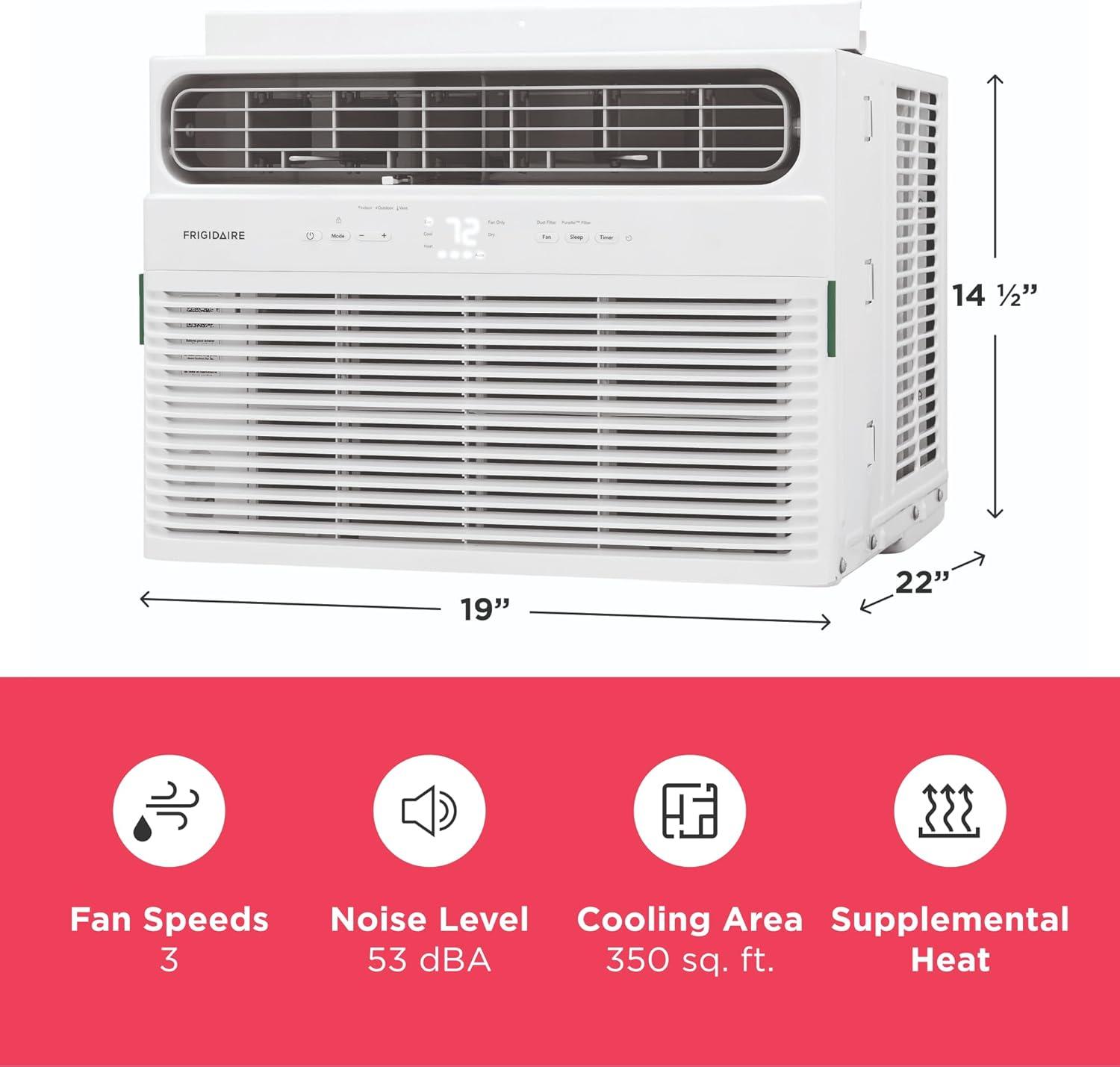 imageFrigidaire 8000 BTU Window Air Conditioner with Supplemental Heat Cools ampamp Heats Up to 350 Sq Ft Remote Control Quiet Operation Eco Mode 3 Fan Speeds White8 000 BTU