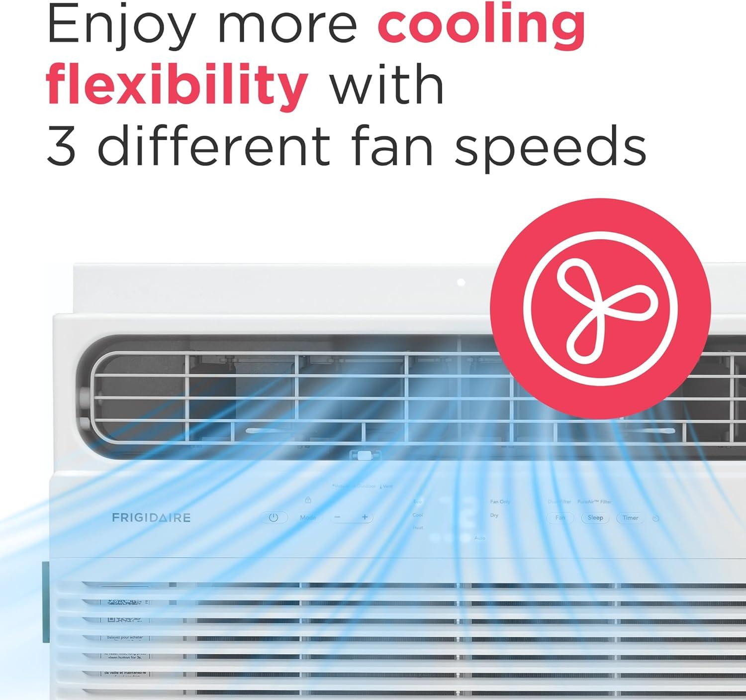 imageFrigidaire 8000 BTU Window Air Conditioner with Supplemental Heat Cools ampamp Heats Up to 350 Sq Ft Remote Control Quiet Operation Eco Mode 3 Fan Speeds White8 000 BTU