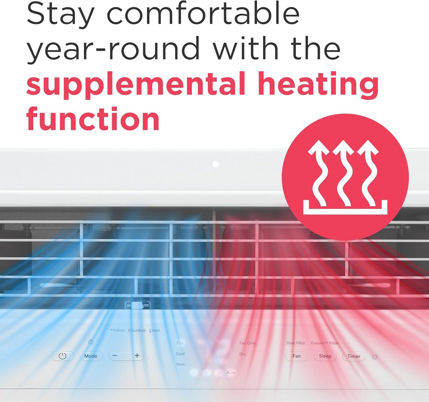 imageFrigidaire 8000 BTU Window Air Conditioner with Supplemental Heat Cools ampamp Heats Up to 350 Sq Ft Remote Control Quiet Operation Eco Mode 3 Fan Speeds White12 000 BTU