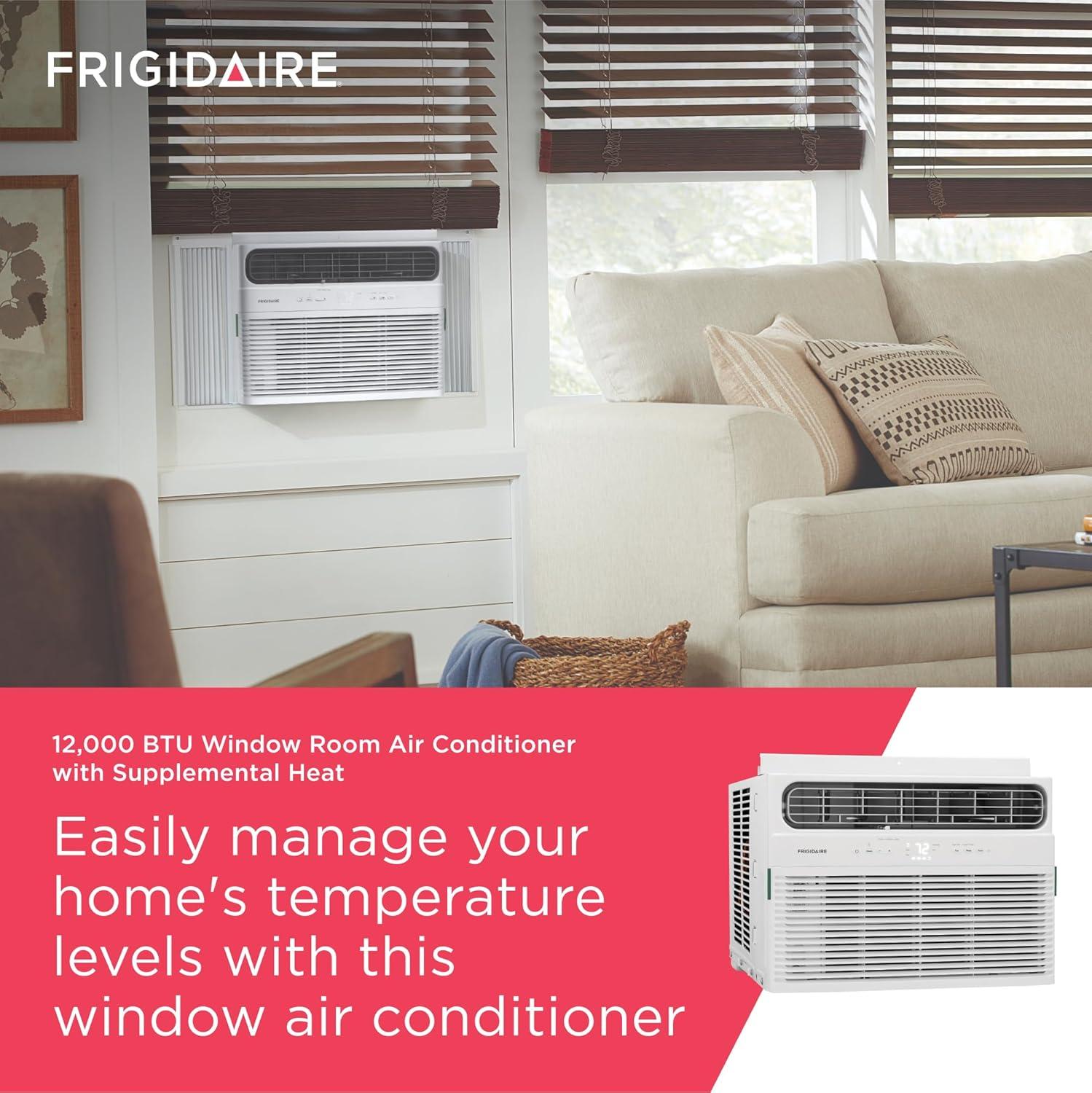 imageFrigidaire 8000 BTU Window Air Conditioner with Supplemental Heat Cools ampamp Heats Up to 350 Sq Ft Remote Control Quiet Operation Eco Mode 3 Fan Speeds White12 000 BTU