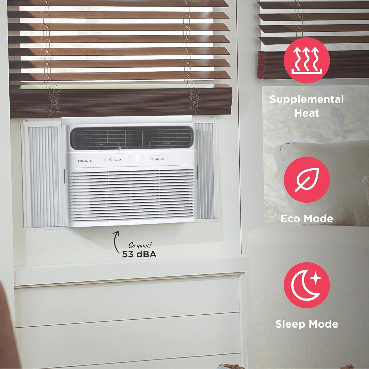 imageFrigidaire 8000 BTU Window Air Conditioner with Supplemental Heat Cools ampamp Heats Up to 350 Sq Ft Remote Control Quiet Operation Eco Mode 3 Fan Speeds White8 000 BTU