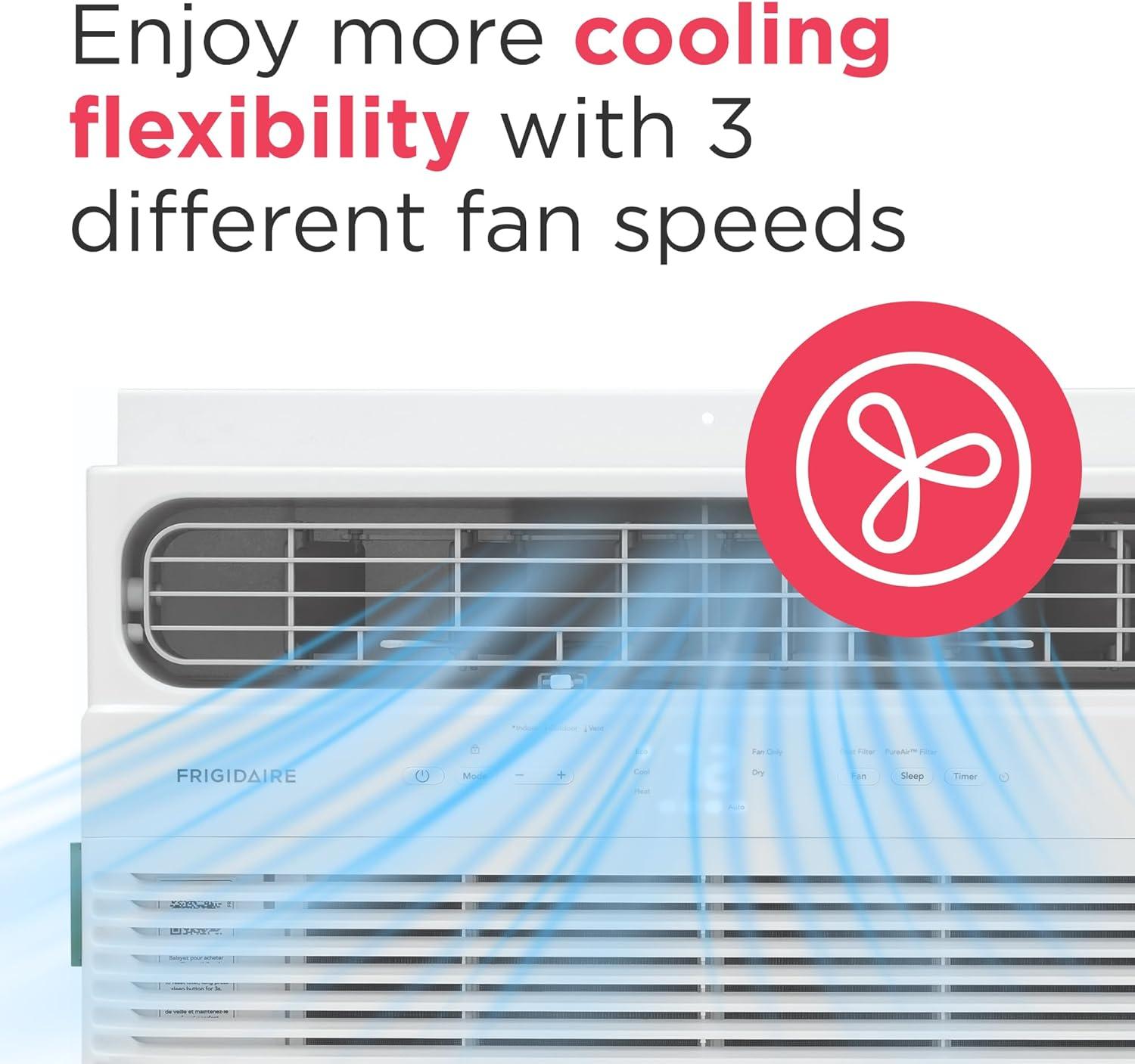 imageFrigidaire 8000 BTU Window Air Conditioner with Supplemental Heat Cools ampamp Heats Up to 350 Sq Ft Remote Control Quiet Operation Eco Mode 3 Fan Speeds White12 000 BTU