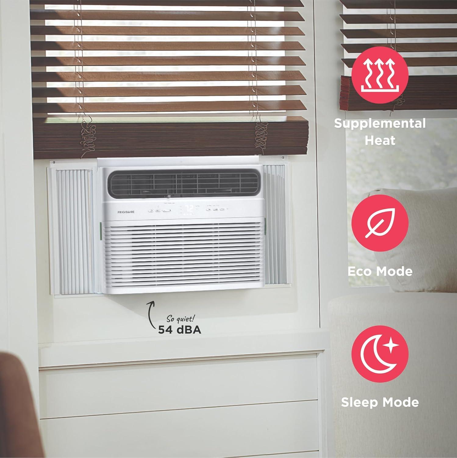 imageFrigidaire 8000 BTU Window Air Conditioner with Supplemental Heat Cools ampamp Heats Up to 350 Sq Ft Remote Control Quiet Operation Eco Mode 3 Fan Speeds White12 000 BTU