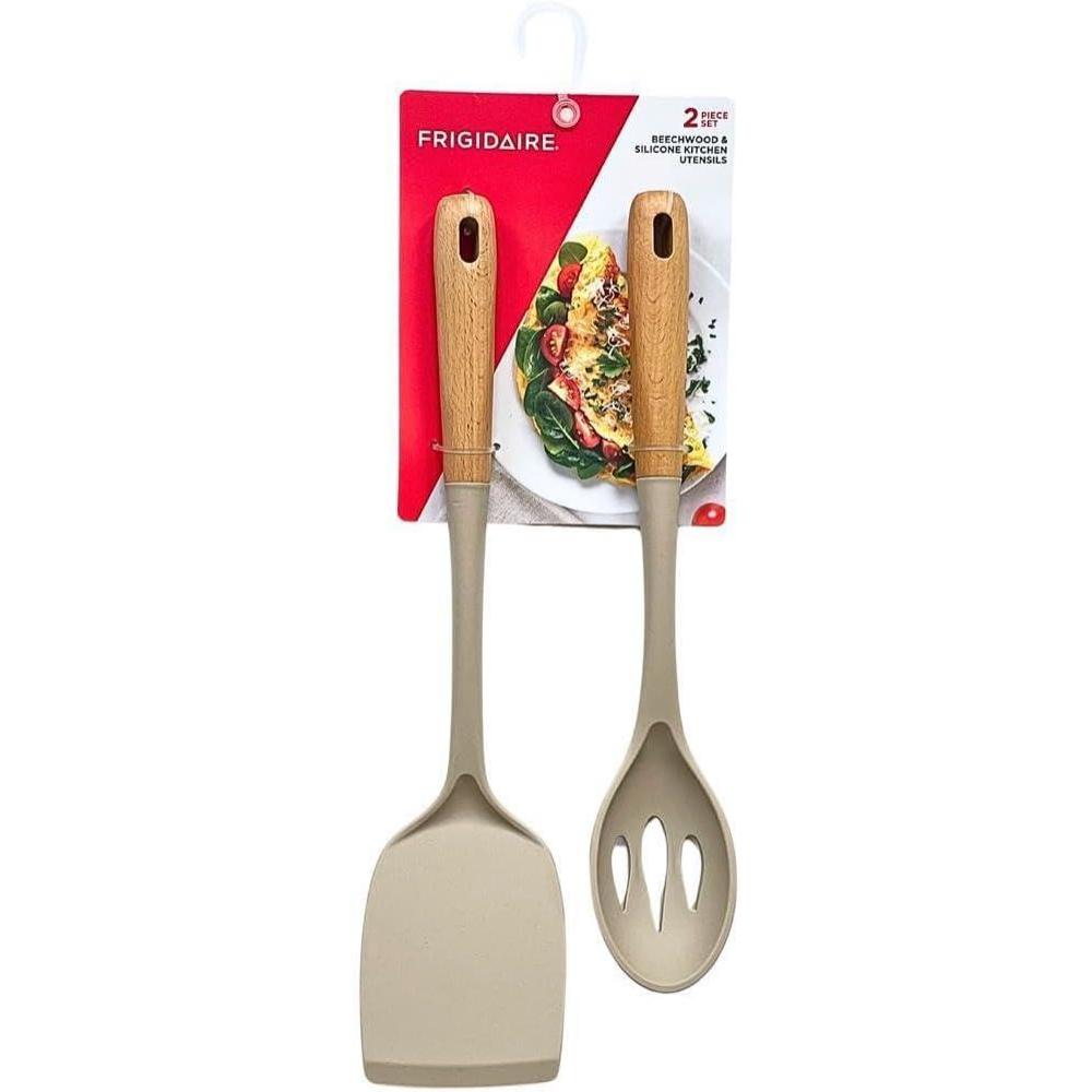 image2PC Beechwood and Silicone Utensil Set Large Turner Large Slot Spoon Kitchen Cooking Utensils with Beechwood Handle and Silicone Head NAVYLIGHT TAUPE