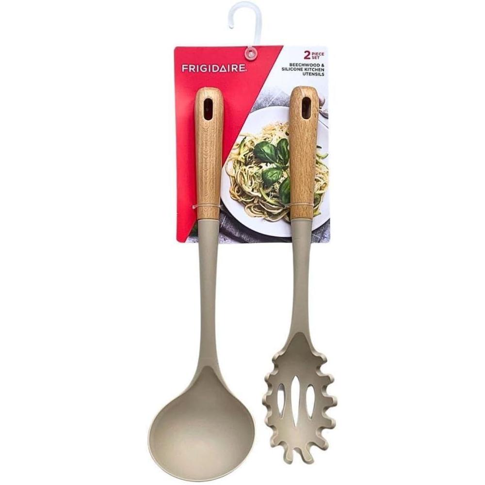 imageFrigidaire 2PC Beechwood Silicone Utensil Set Large Soup Ladle Large Pasta Fork HeatResistant Kitchen Cooking Utensils with Wooden Handle LIGHT TAUPELIGHT TAUPE