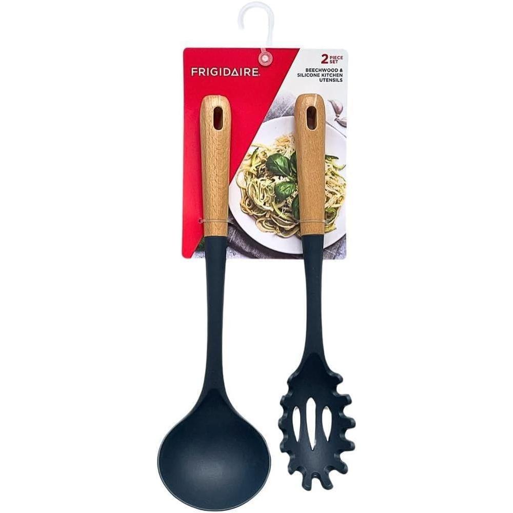 imageFrigidaire 2PC Beechwood Silicone Utensil Set Large Soup Ladle Large Pasta Fork HeatResistant Kitchen Cooking Utensils with Wooden Handle LIGHT TAUPENavy