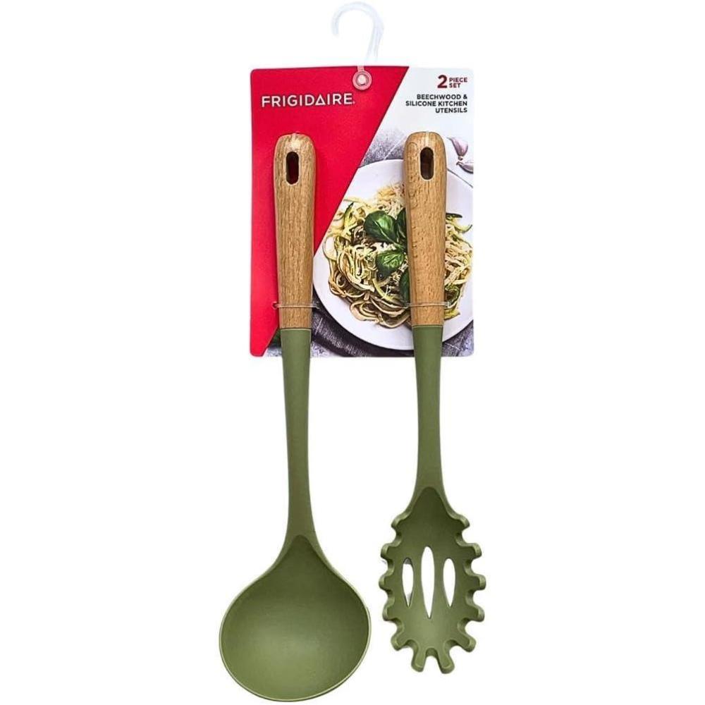 imageFrigidaire 2PC Beechwood Silicone Utensil Set Large Soup Ladle Large Pasta Fork HeatResistant Kitchen Cooking Utensils with Wooden Handle LIGHT TAUPEOlive