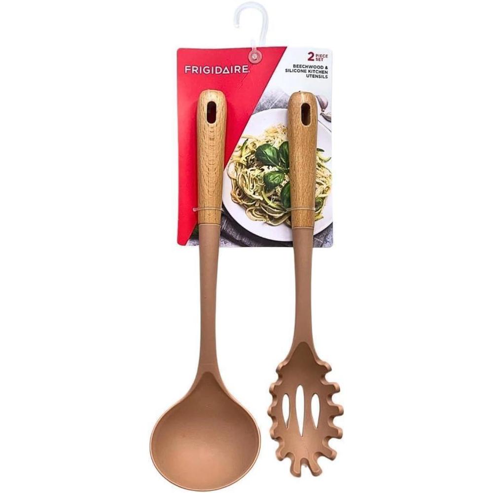 imageFrigidaire 2PC Beechwood Silicone Utensil Set Large Soup Ladle Large Pasta Fork HeatResistant Kitchen Cooking Utensils with Wooden Handle LIGHT TAUPERose